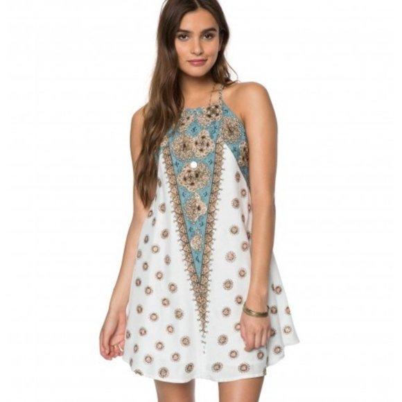 O'Neill Shawn High Neck Halter Dress in White & Blue 70s Retro Print - Picture 1 of 13